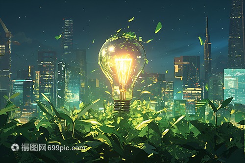 點亮未來 綠色能源燈泡插畫中的環(huán)保科技之光
